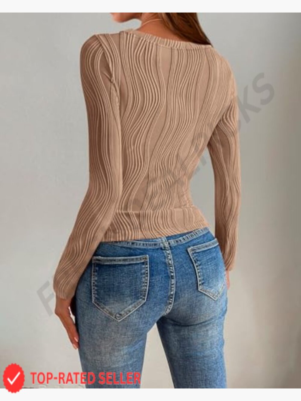 Long Sleeve Crewneck Blouse Fitted Textured Knit T Shirt Y2K Chic Top - Picture 5 of 7